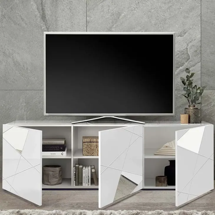 Mobile porta TV 181x57h cm bianco lucido specchio con serigrafia Olimpo