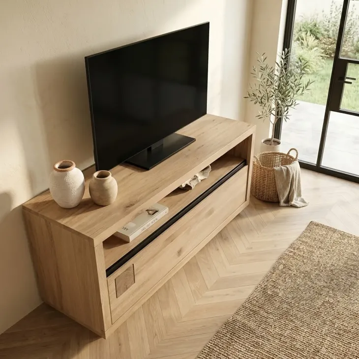 Mobile porta TV 120x56h cm 1 cassetto 1 ripiano a vista legno massello rovere Tarselia