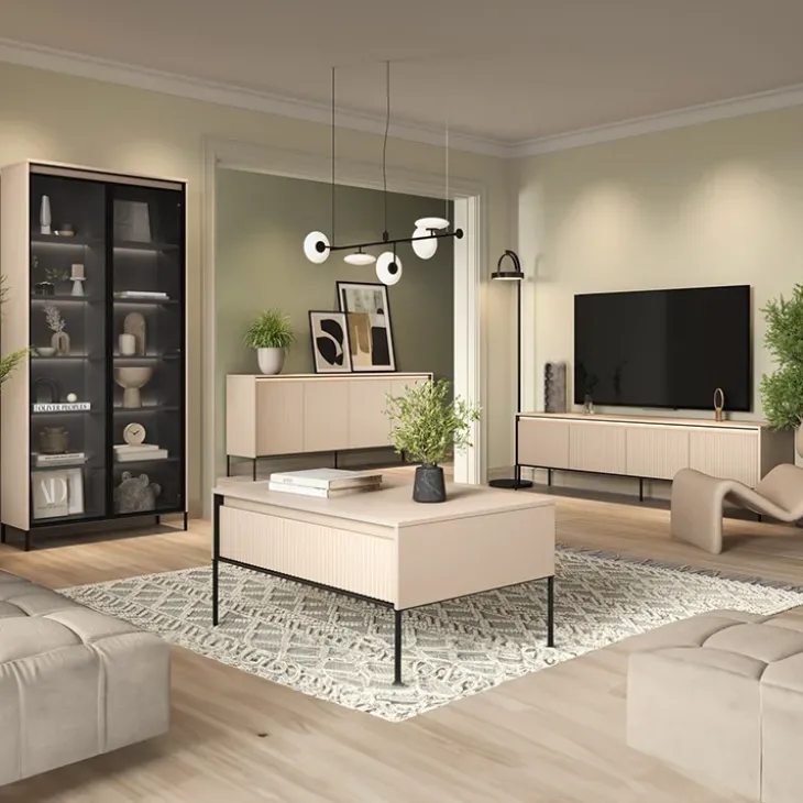 Mobile porta TV 193x56h cm con LED 4 ante cannettato beige nero Camelia
