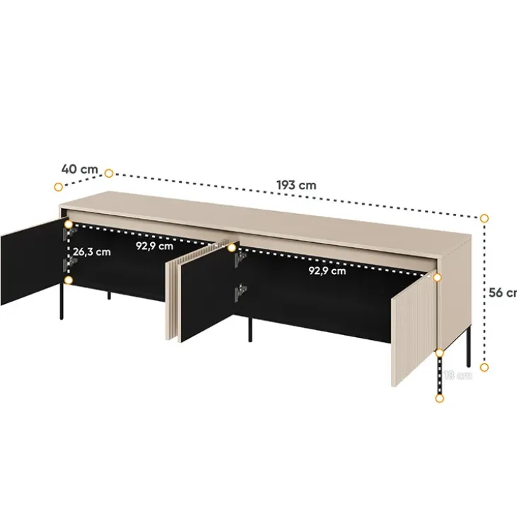Mobile porta TV 193x56h cm con LED 4 ante cannettato beige nero Camelia
