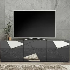 Mobile porta TV 181x57h cm grigio lucido specchio con serigrafia Olimpo