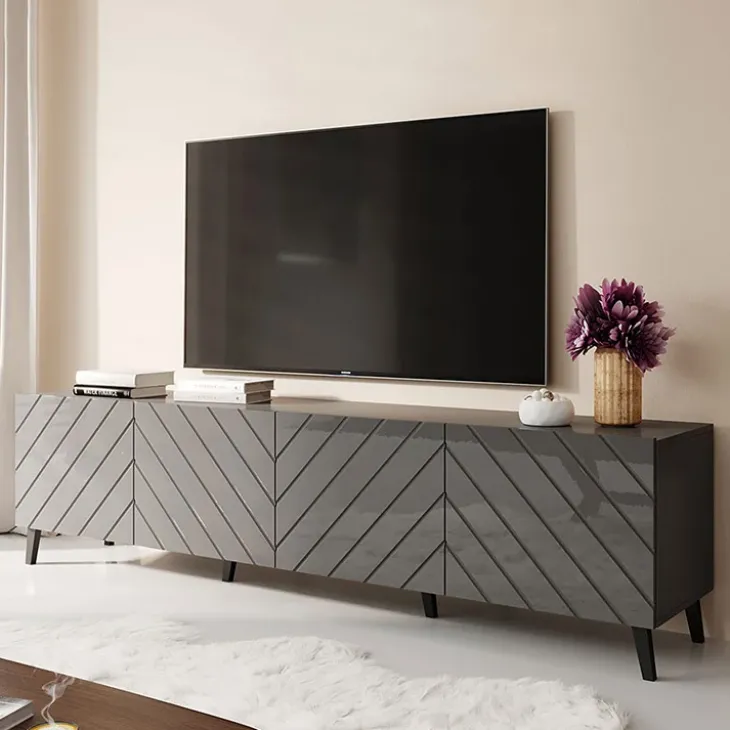 Mobile porta TV 200x52h cm moderno con frontale decorato grigio lucido Placida