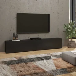 Mobile porta TV 180x35h cm moderno nero con 2 ribalte Fusion