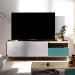 Mobile porta TV 155x47h cm moderno rovere grigio bianco petrolio Dominic