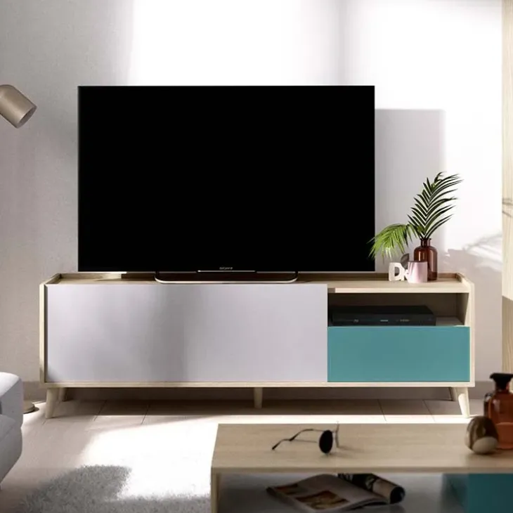 Mobile porta TV 155x47h cm moderno rovere grigio bianco petrolio Dominic