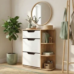 Mobile scarpiera ingresso 90x106h cm 1 cassetto 2 ante a ribalta 3 vani a vista rovere bianco Alma