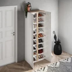 Mobile scarpiera multiuso ingresso 70x185h cm 2 ante 1 anta a specchio bianco lucido rovere Welky