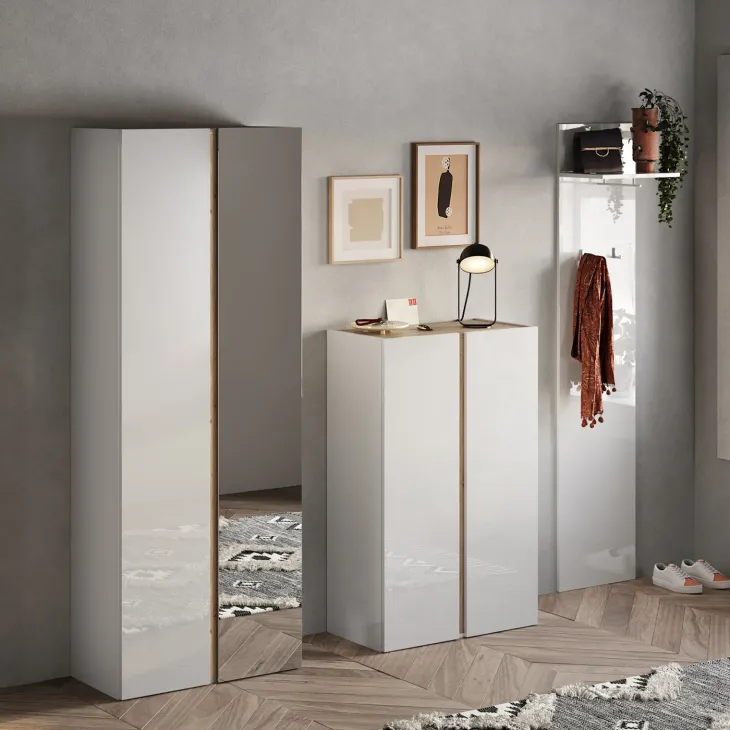 Mobile scarpiera multiuso ingresso 70x185h cm 2 ante 1 anta a specchio bianco lucido rovere Welky