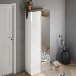 Mobile scarpiera multiuso ingresso 70x185h cm 2 ante 1 anta a specchio bianco lucido rovere Welky