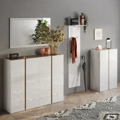 Mobile scarpiera multiuso ingresso 140x111h cm 4 ante bianco lucido rovere Welky