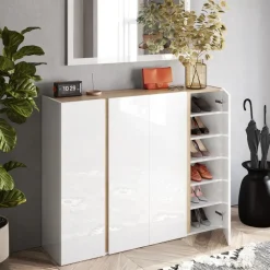 Mobile scarpiera multiuso ingresso 140x111h cm 4 ante bianco lucido rovere Welky