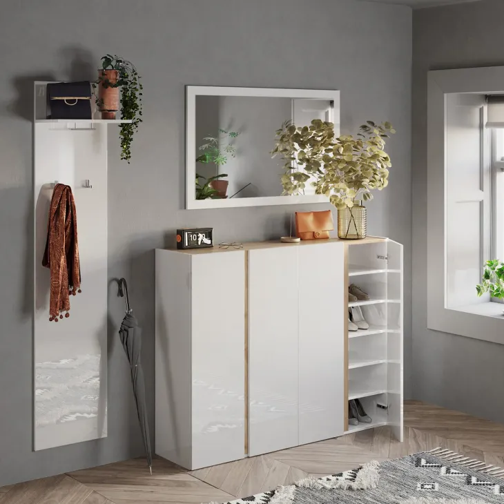Mobile scarpiera multiuso ingresso 140x111h cm 4 ante bianco lucido rovere Welky