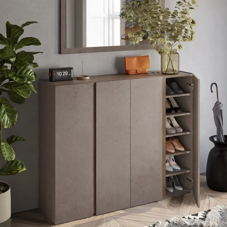 Mobile scarpiera multiuso ingresso 140x111h cm 4 ante marrone bronzo rovere scuro Welky