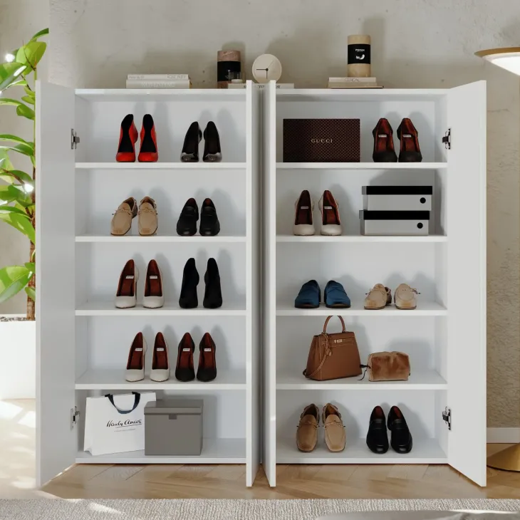 Mobile scarpiera multiuso ingresso 124x113h cm 4 ante bianco lucido Roks