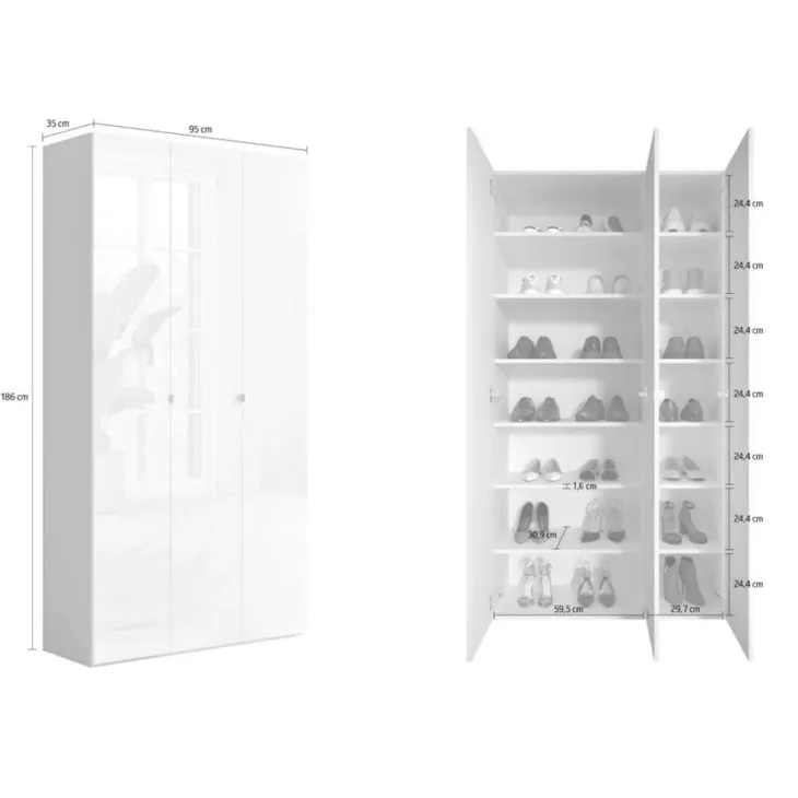 Mobile scarpiera multiuso ingresso 95x186h cm 3 ante bianco lucido Roks