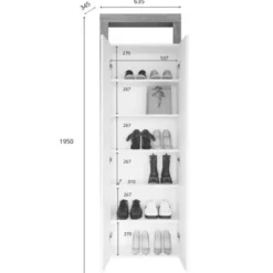 Mobile scarpiera multiuso ingresso 64x195h cm 2 ante a specchio bianco lucido rovere Invictus