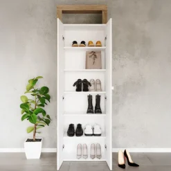 Mobile scarpiera multiuso ingresso 64x195h cm 2 ante a specchio bianco lucido rovere Invictus