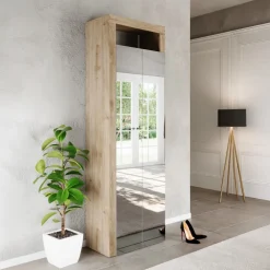 Mobile scarpiera multiuso ingresso 64x195h cm 2 ante a specchio bianco lucido rovere Invictus