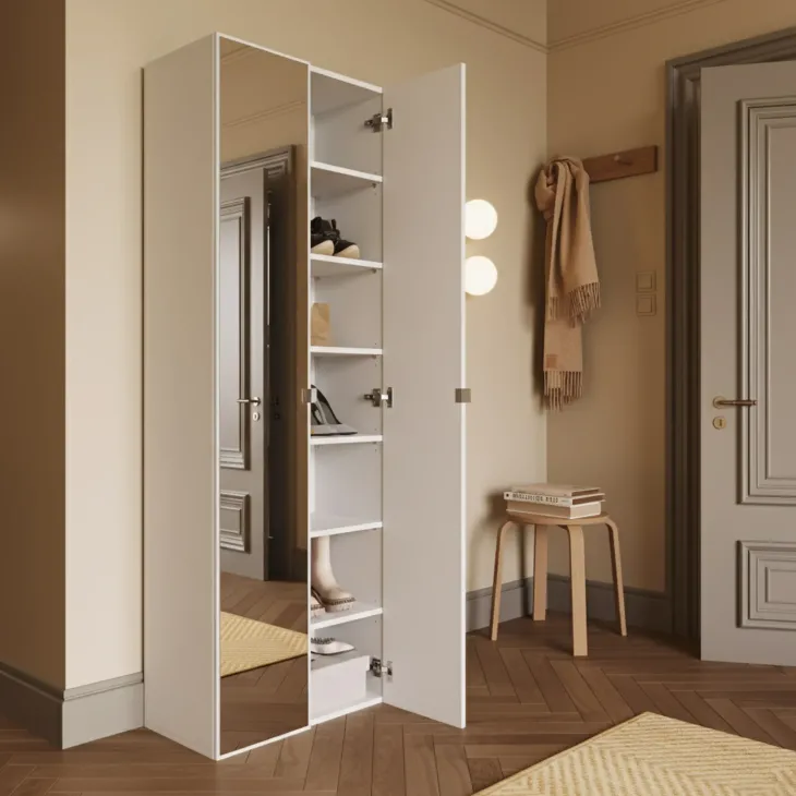 Mobile scarpiera multiuso ingresso 63x186h cm 2 ante a specchio bianco lucido Roks