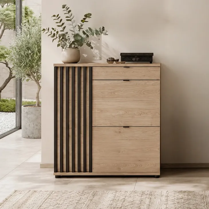 Mobile scarpiera multiuso 90x95h cm 3 ante 1 cassetto cannettato rovere nero Berlino