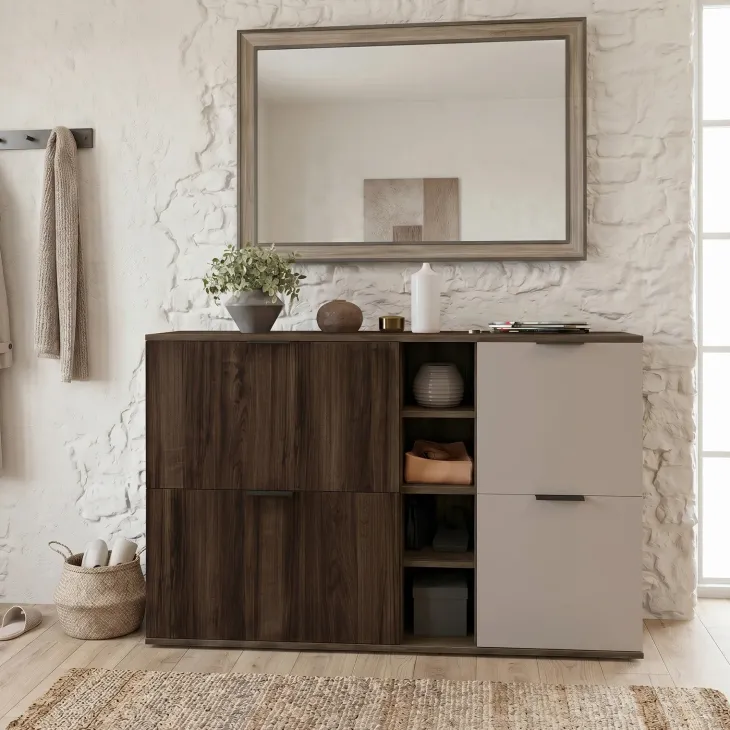 Mobile scarpiera 130x81h cm 2 ante 2 ribalte e vani a giorno tortora noce Raymonda
