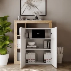 Mobile scrivania ufficio multiuso 108x127h cm con ripiano estraibile bianco lucido rovere Invictus