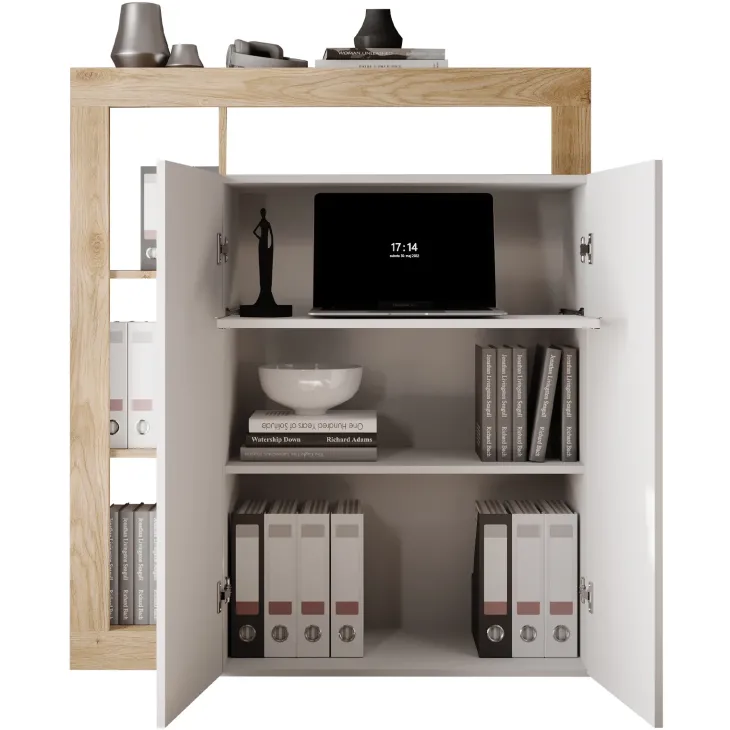 Mobile scrivania ufficio multiuso 108x127h cm con ripiano estraibile bianco lucido rovere Invictus