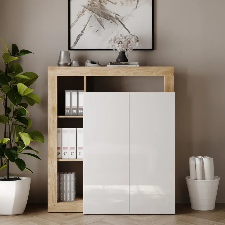 Mobile scrivania ufficio multiuso 108x127h cm con ripiano estraibile bianco lucido rovere Invictus