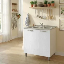 Mobile sottolavello cucina 80x86h cm multiuso con lavello 2 vasche acciaio inox bianco frassinato Talise