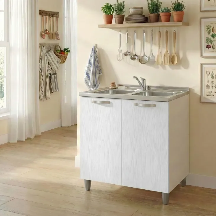 Mobile sottolavello cucina 80x86h cm multiuso con lavello 2 vasche acciaio inox bianco frassinato Talise