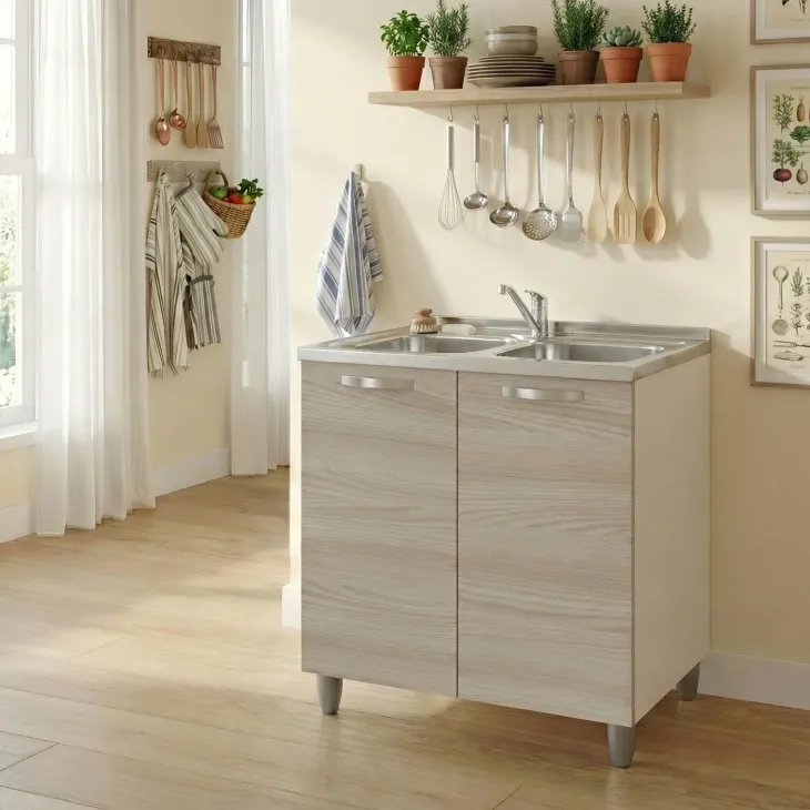 Mobile sottolavello cucina 80x86h cm multiuso con lavello 2 vasche acciaio inox rovere olmo Talise
