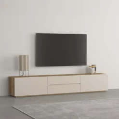 Mobile TV basso 200x36h cm 2 cassetti 2 ante a ribalta cashmere rovere Delia