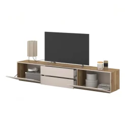 Mobile TV basso 200x36h cm 2 cassetti 2 ante a ribalta cashmere rovere Delia