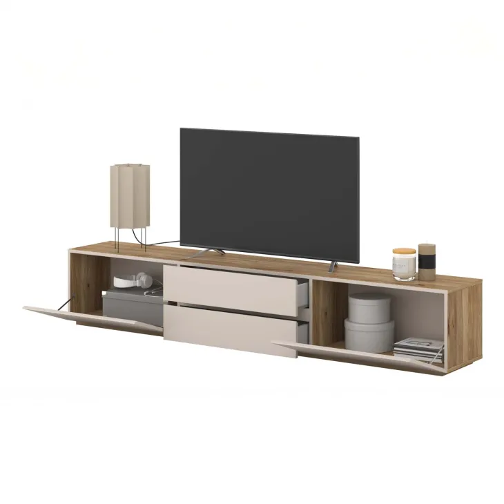 Mobile TV basso 200x36h cm 2 cassetti 2 ante a ribalta cashmere rovere Delia