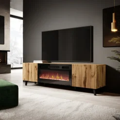 Mobile TV moderno 181x50h cm con camino elettrico cannettato quercia Essence