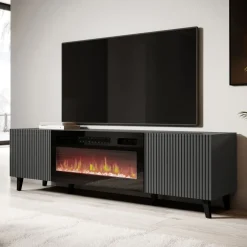 Mobile TV moderno 181x50h cm con caminetto elettrico cannettato antracite Essence