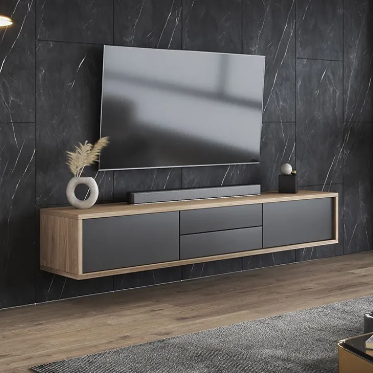 Mobile TV soggiorno sospeso 180x32h cm 2 ante a ribalta 2 cassetti antracite rovere Glem