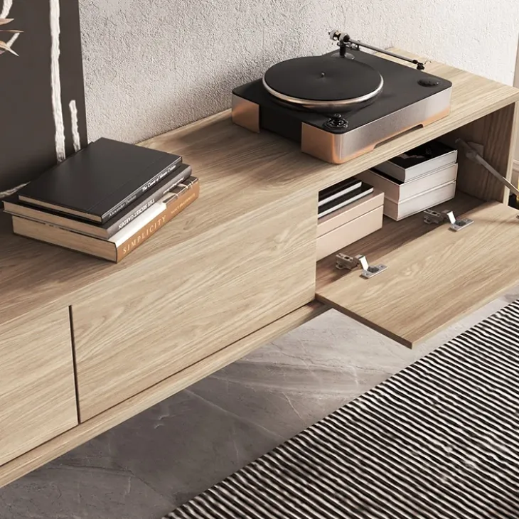 Mobile TV soggiorno sospeso 180x32h cm 3 ante a ribalta rovere Glem