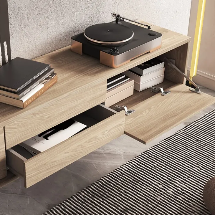 Mobile TV soggiorno sospeso 180x32h cm 2 ante a ribalta 2 cassetti rovere Glem