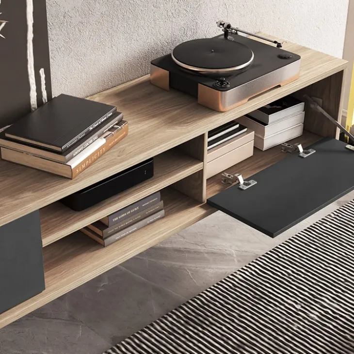 Mobile TV soggiorno sospeso 180x32h cm 2 ante a ribalta 2 vani antracite rovere Glem