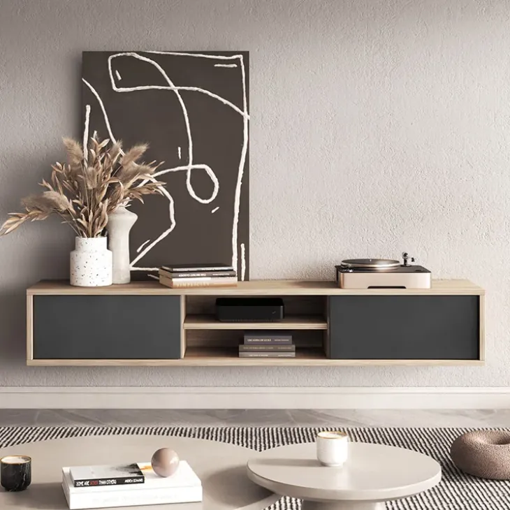 Mobile TV soggiorno sospeso 180x32h cm 2 ante a ribalta 2 vani antracite rovere Glem