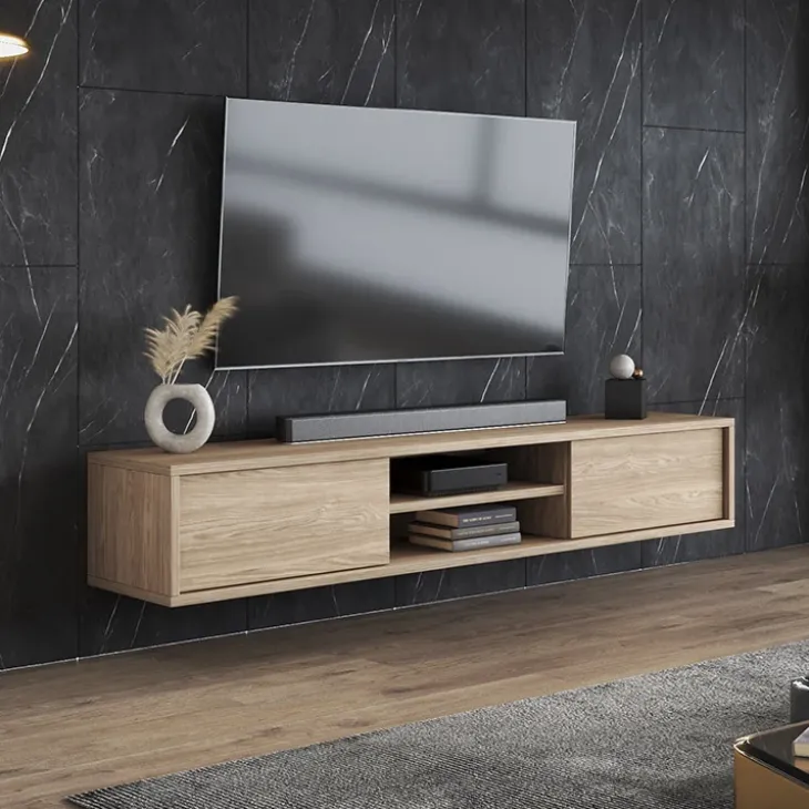 Mobile TV soggiorno sospeso 180x32h cm 2 ante a ribalta 2 vani rovere Glem