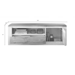 Mobile TV 160x58h cm 1 anta 1 cassetto con led bianco lucido rovere chiaro Istria