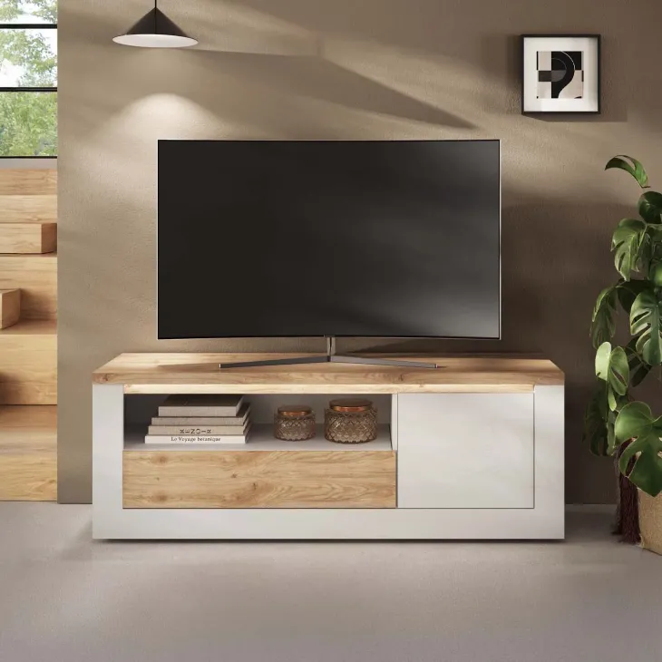 Mobile TV 160x58h cm 1 anta 1 cassetto con led bianco lucido rovere chiaro Istria