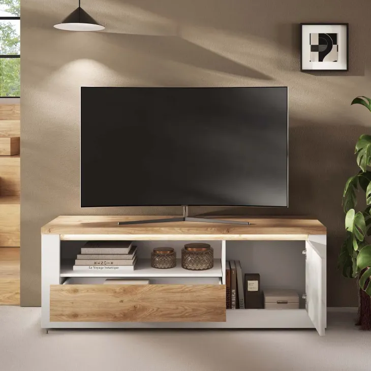 Mobile TV 160x58h cm 1 anta 1 cassetto con led bianco lucido rovere chiaro Istria