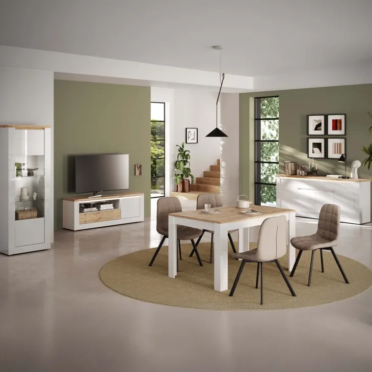 Mobile TV 160x58h cm 1 anta 1 cassetto con led bianco lucido rovere chiaro Istria