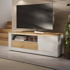Mobile TV 160x58h cm 1 anta 1 cassetto con led bianco lucido rovere chiaro Istria
