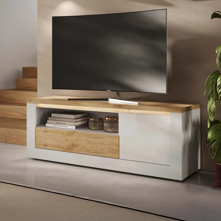 Mobile TV 160x58h cm 1 anta 1 cassetto con led bianco lucido rovere chiaro Istria
