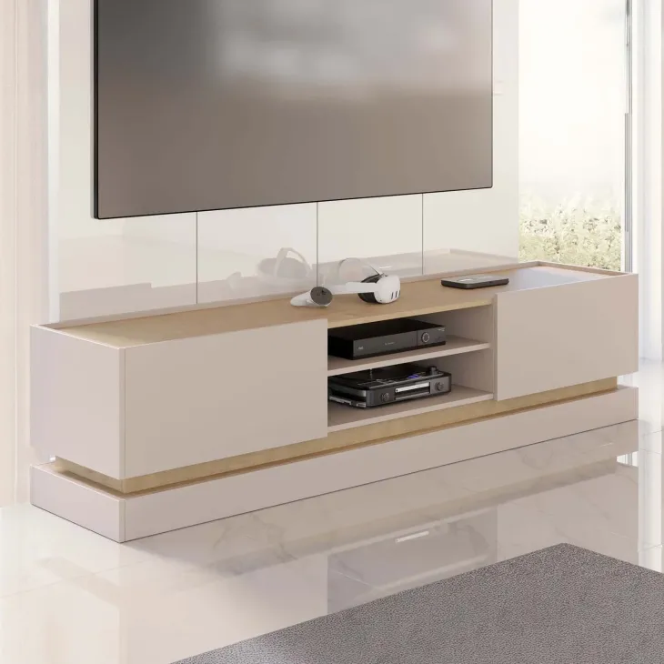 Mobile TV 200x47h cm 2 ante a ribalta 2 vani a vista beige rovere Rhea