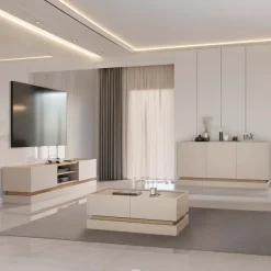 Mobile TV 200x47h cm 2 ante a ribalta 2 vani a vista beige rovere Rhea